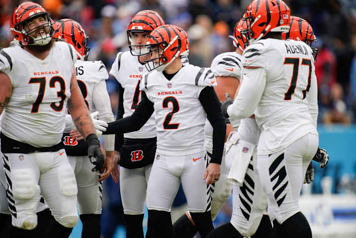 Cincinnati Bengals place kicker Evan McPherson (2) celebrates a field goal against the Tennessee Titans during the third quarter at Nissan Stadium Sunday, Nov. 27, 2022, in Nashville, Tenn. Nfl Cincinnati Bengals At Tennessee Titans